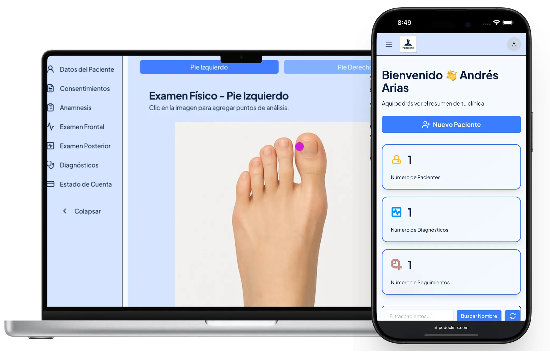Interfaz de la plataforma PodoClinix